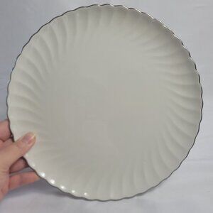 Syracuse China Wedding Ring Dinner Plate White with Platinum Trim Swirled Edge